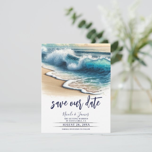 Crashing Ocean Waves Coastal Save the Date Photo Invitation (Standing Front)