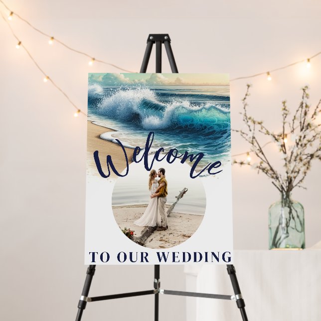 Crashing Ocean Waves Coastal Wedding Sign (In Situ (Stand))
