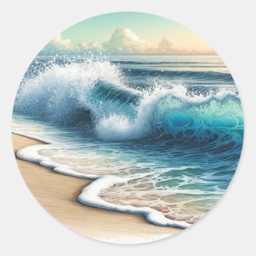 Crashing Ocean Waves Rustic Coastal Beach Wedding Classic Round Sticker