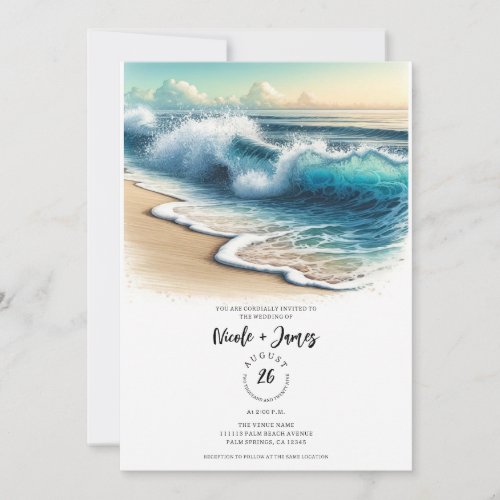 Crashing Ocean Waves Rustic Coastal Beach Wedding Invitation