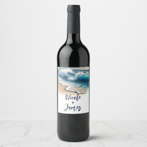 Crashing Ocean Waves Rustic Coastal Beach Wedding Wine Label