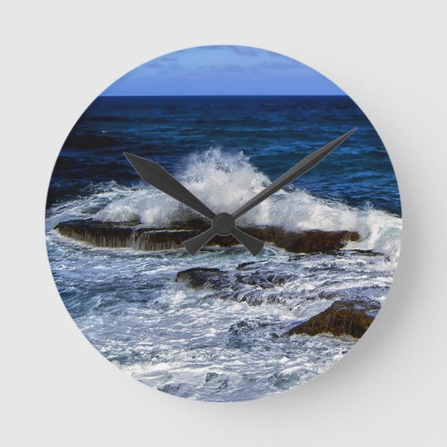 Crashing Wave On Rock Formation Round Clock