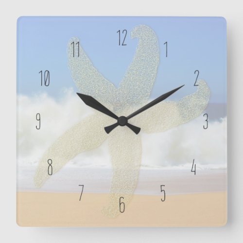 Crashing Waves Ocean Starfish Numbered Square Wall Clock