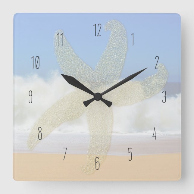 Crashing Waves Ocean Starfish Numbered Square Wall Clock (Front)