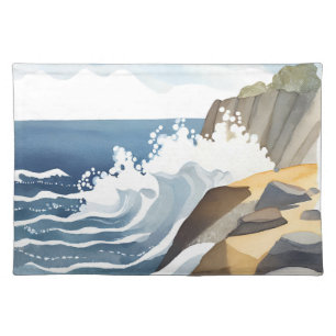Crashing Waves Rocky Coastal Shore Watercolor Cloth Placemat