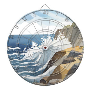 Crashing Waves   Rocky Coastal Shore Watercolor Dart Board