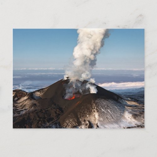 Crater eruption volcano lava gas steam ashes postcard