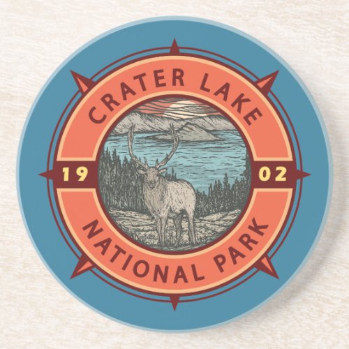 Crater Lake National Park Elk Retro Compass Emblem Coaster