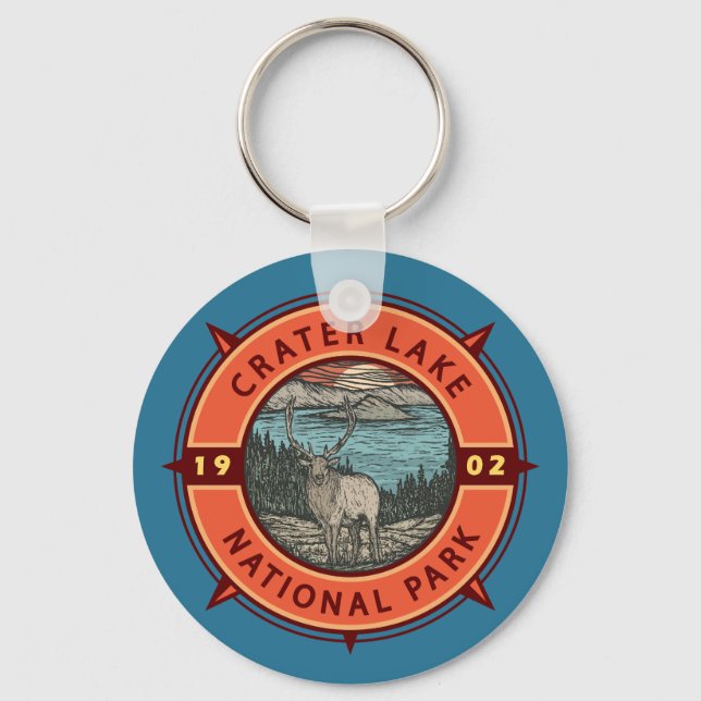 Crater Lake National Park Elk Retro Compass Emblem Keychain (Front)