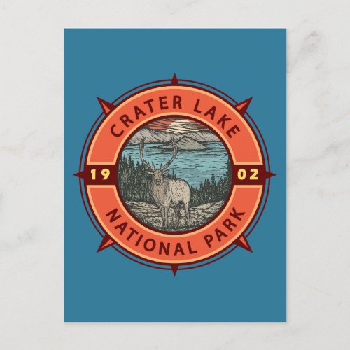 Crater Lake National Park Elk Retro Compass Emblem Postcard