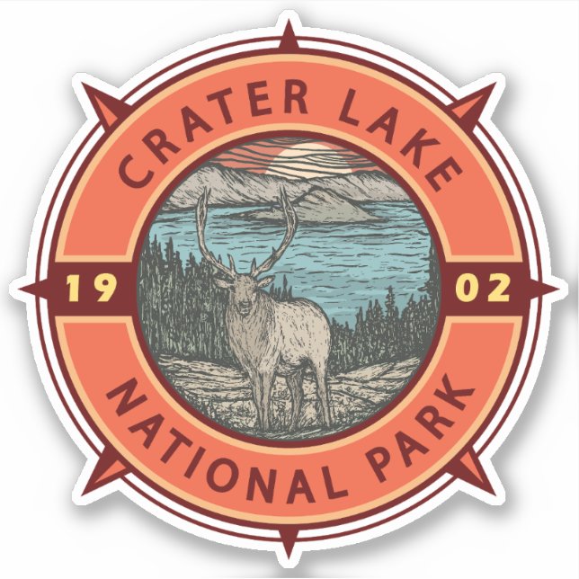 Crater Lake National Park Elk Retro Compass Emblem Sticker (Front)
