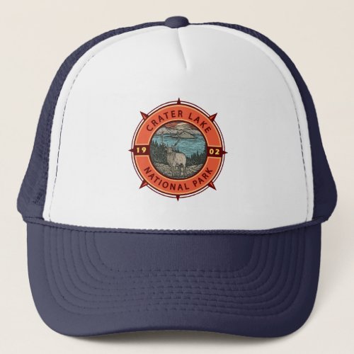 Crater Lake National Park Elk Retro Compass Emblem Trucker Hat