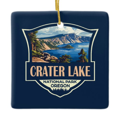 Crater Lake National Park Illustration Retro Badge Ceramic Ornament