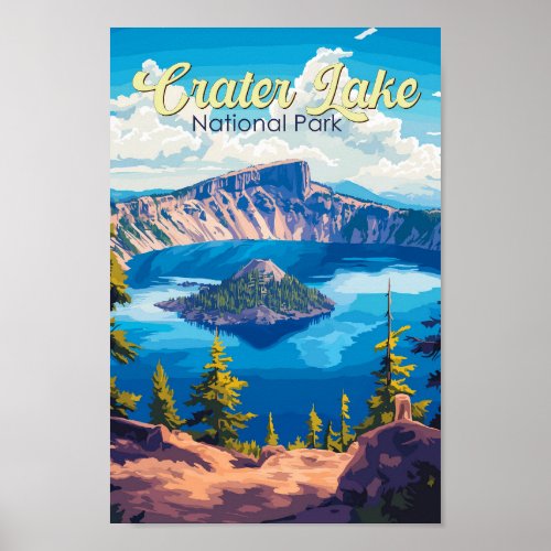 Crater Lake National Park Illustration Travel Art Poster