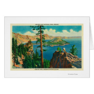 Crater Lake showing Wizard Island in distance Cards