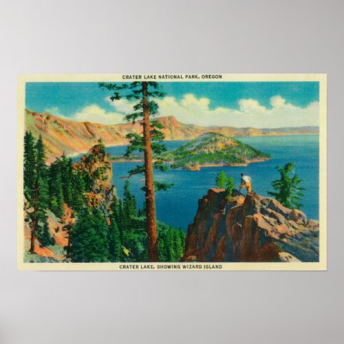 Crater Lake showing Wizard Island in distance Poster