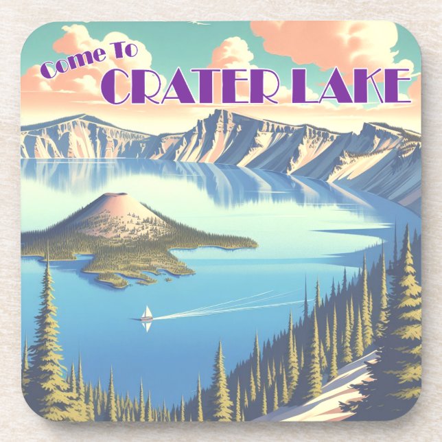 Crater Lake Vintage Poster Beverage Coaster (Front)