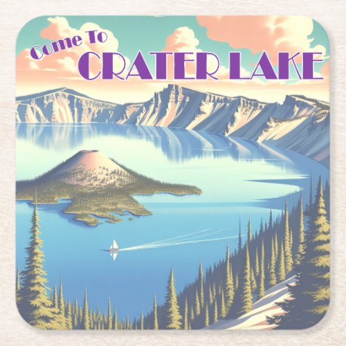 Crater Lake Vintage Poster Square Paper Coaster