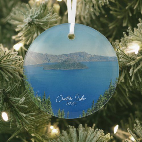 Crater Lake Wizard Island Scenic Photo Glass Ornament