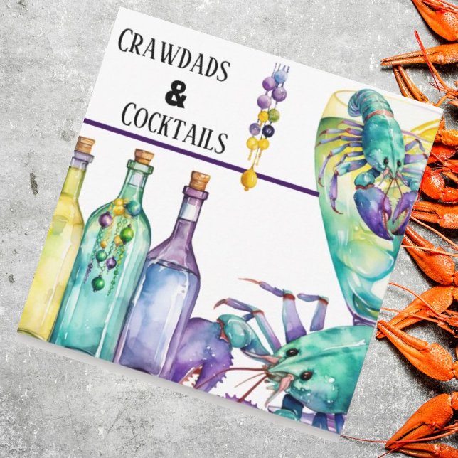 Crawdads Cocktails and Mardi Gras Party Invitation (Beads and crawdads seafood boil party invitations you customize. )