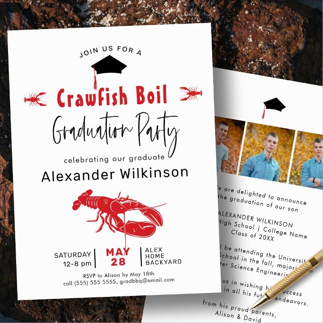 Crawfish Boil 3 Photo BBQ Graduation Party Invitation (Creator Uploaded)