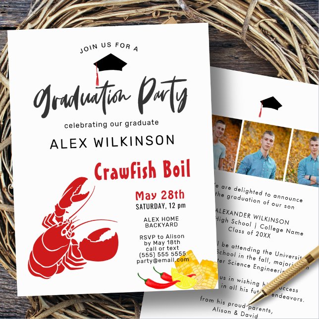 Crawfish Boil 3 Photo BBQ Graduation Party Invitation (Creator Uploaded)