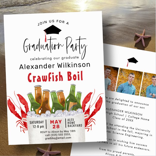 Crawfish Boil 3 Photo BBQ Graduation Party Invitation (Creator Uploaded)