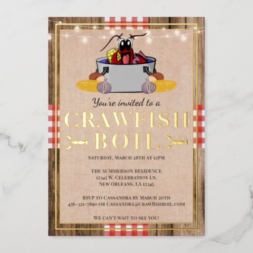 Crawfish Boil Annual Family Party Rustic Picnic Foil Invitation
