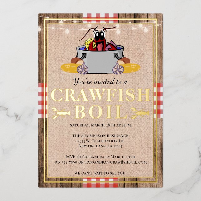 Crawfish Boil Annual Family Party Rustic Picnic Foil Invitation (Front)