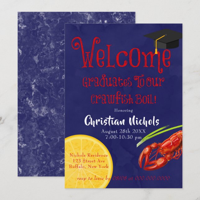 Crawfish Boil Blue Graduation Party Invitation (Front/Back)