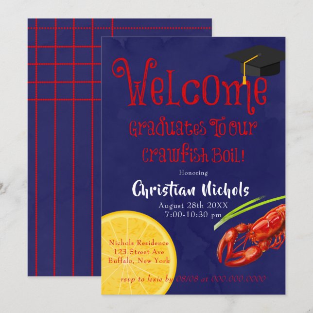Crawfish Boil Blue Graduation Party Invitation (Front/Back)