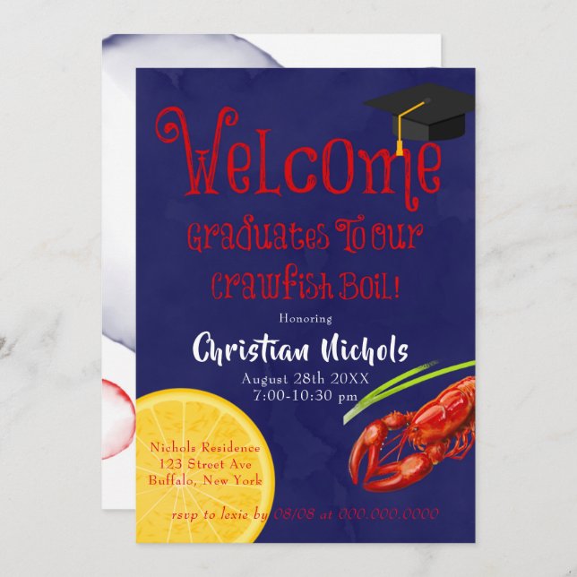 Crawfish Boil Blue Graduation Party Invitation (Front/Back)