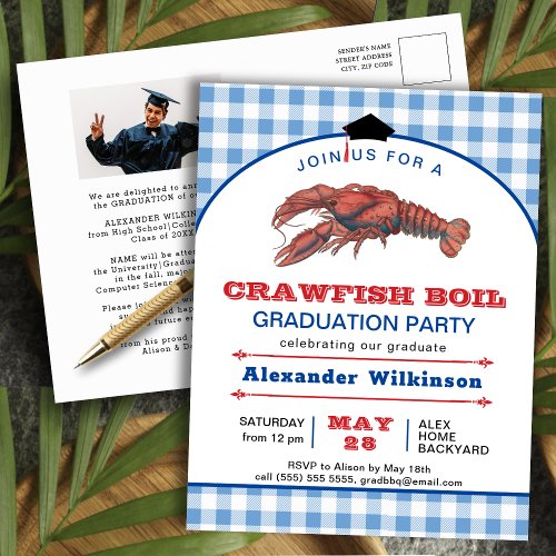 Crawfish Boil Blue Plaid GRAD Photo Invitation Postcard