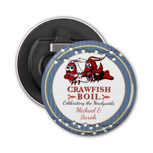 Crawfish Boil Engagement Newlywed Blue Gold Party Bottle Opener