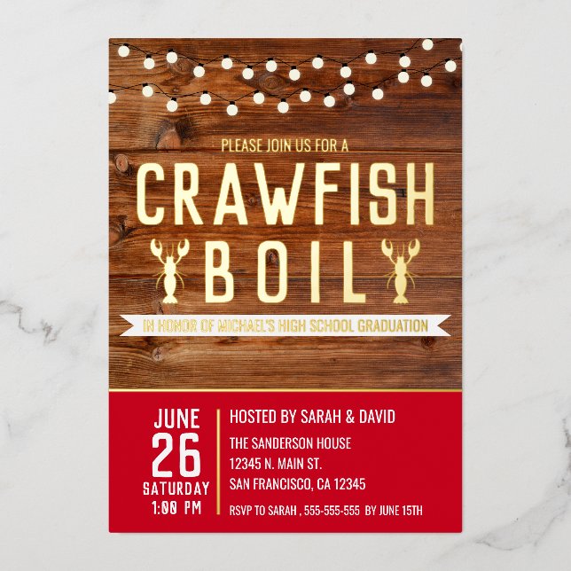 Crawfish Boil Graduation Seafood Party Foil Invitation (Front)