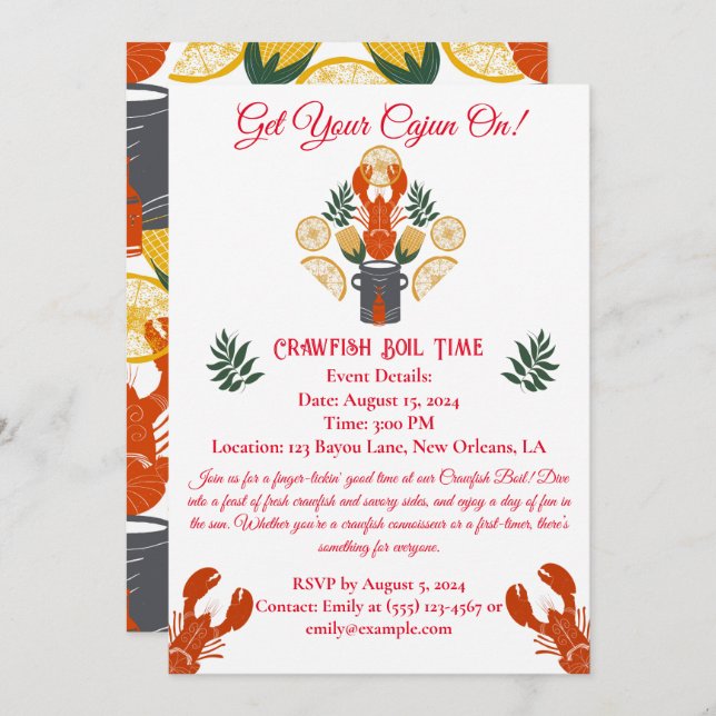 Crawfish Boil Invitation–Get Your Cajun On! Invitation (Front/Back)