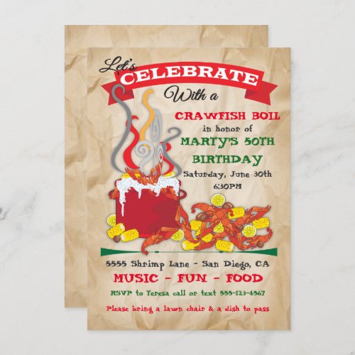 Crawfish boil invitations on crumpled paper