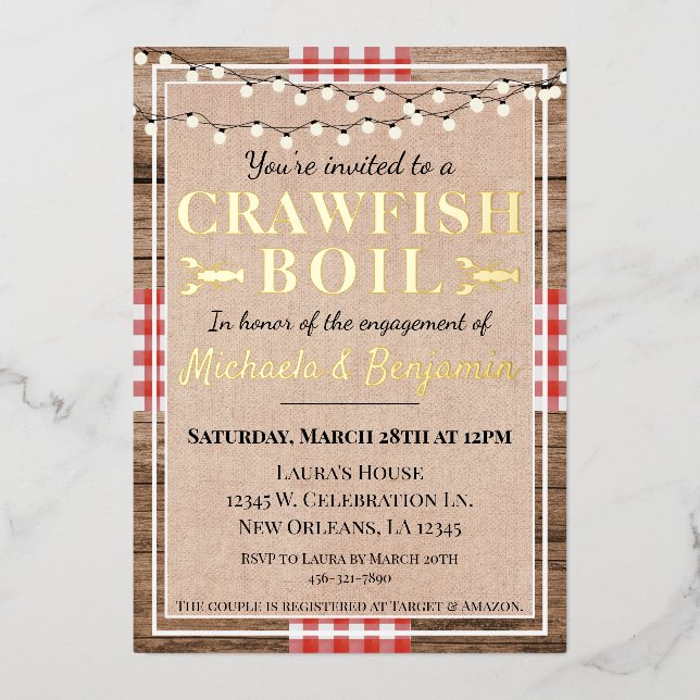 Crawfish Boil Lobster Engagement Party Rustic Foil Invitation (Front)