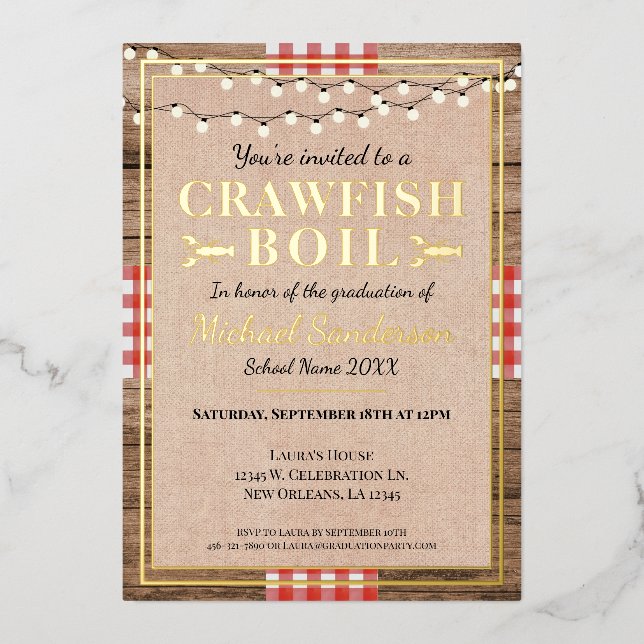 Crawfish Boil Lobster Graduation Party Rustic Foil Invitation (Front)