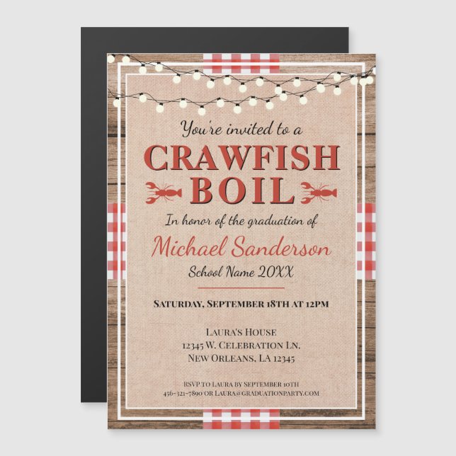 Crawfish Boil Lobster Graduation Party Rustic Magnetic Invitation (Front/Back)
