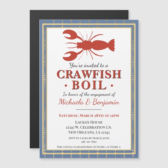 Crawfish Boil Lobster Party Blue Engagement Magnetic Invitation (Front/Back)