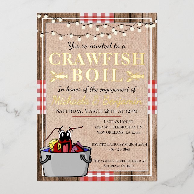 Crawfish Boil Lobster Party Engagement Rustic Foil Invitation (Front)
