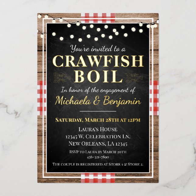 Crawfish Boil Lobster Rustic Engagement Party Foil Invitation (Front)