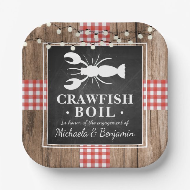 Crawfish Boil Lobster Rustic Wood Engagement Party Paper Plates (Front)