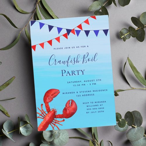 Crawfish boil party red lobster blue sea beach invitation
