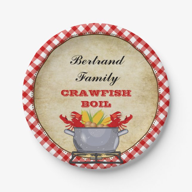 Crawfish Boil Pot Red Check Gingham Paper Plates (Front)