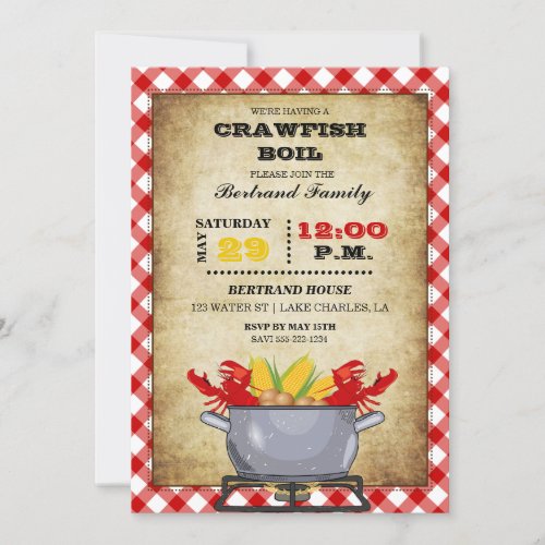 Crawfish Boil Pot Red Checkered Gingham Invitation