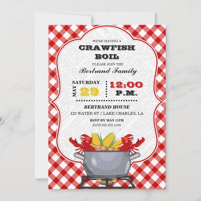 Crawfish Boil Pot Red Checkered Gingham Invitation (Front)