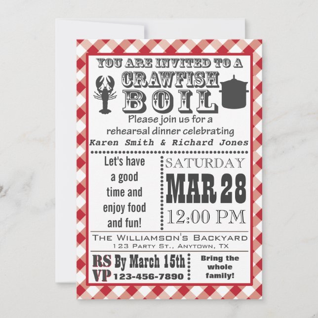 Crawfish Boil Rehearsal Dinner Party Invitation (Front)