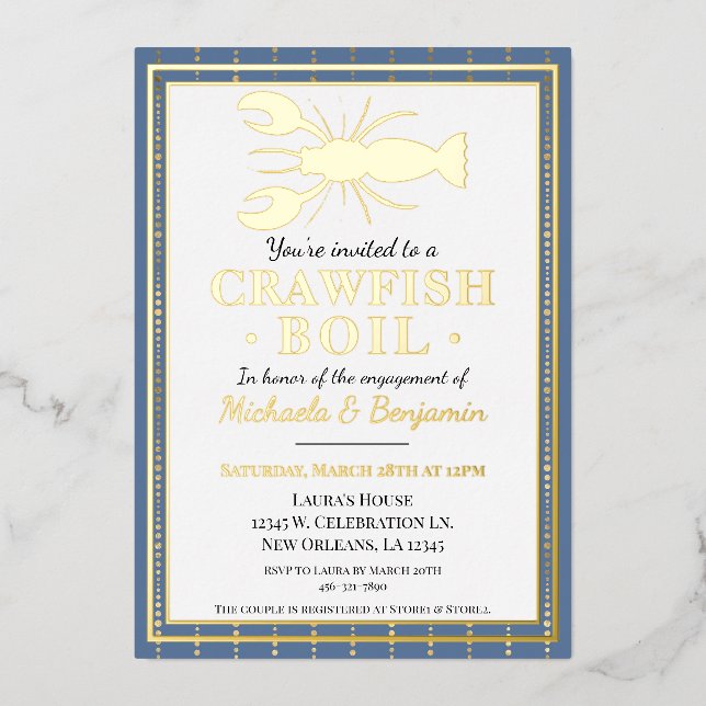 Crawfish Boil Seafood Blue Engagement Party Foil Invitation (Front)